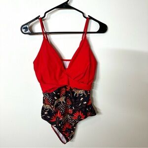 Red and Black women Tiger Print One Piece Swimsuit
